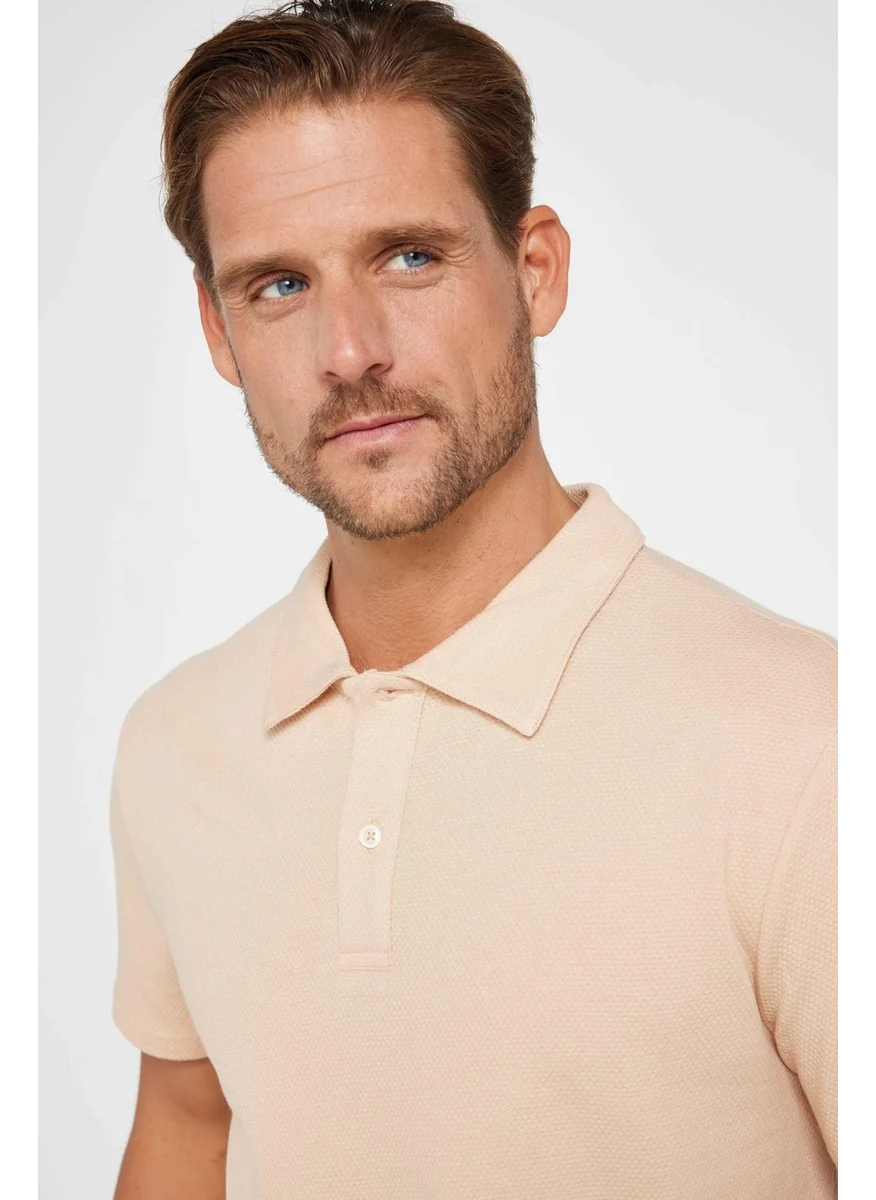 تودورس Men's Slim Fit Slim Cut 100% Cotton Patterned Beige Polo Neck T-Shirt