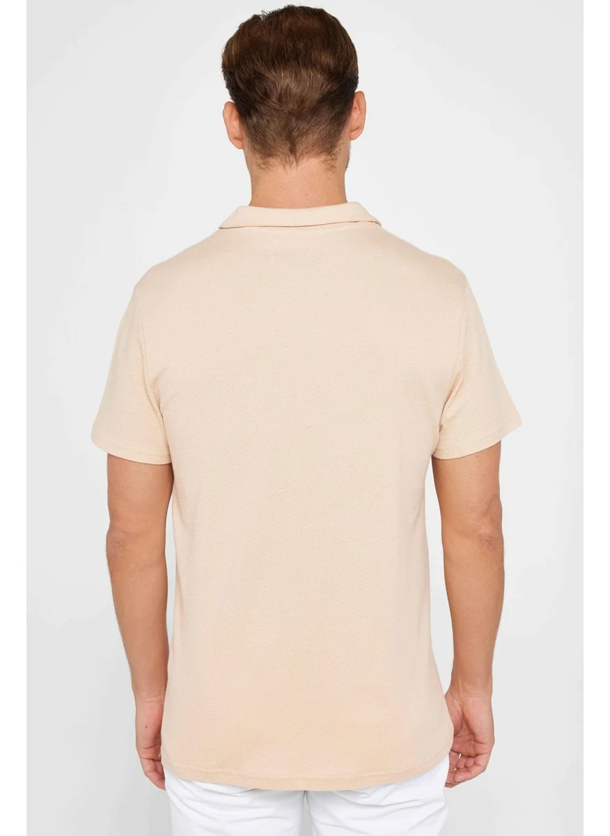 تودورس Men's Slim Fit Slim Cut 100% Cotton Patterned Beige Polo Neck T-Shirt