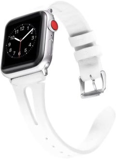 Generic Slim Genuine Leather Watch Band Size 45/44/42 MM Strap Compatible with Apple Watch Series 9/8/7/6/5/4/3/2/1/SE/Ultra - White 