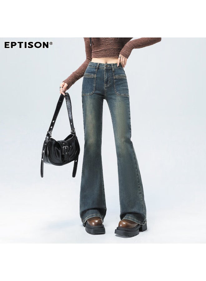 EPTISON Yipintiancheng Vintage Distressed Micro-flare Jeans For Women, 2025 Autumn Slim-fit Heightening Slimming Fashionable Floor-length Flared Pants For Wome - Image 2