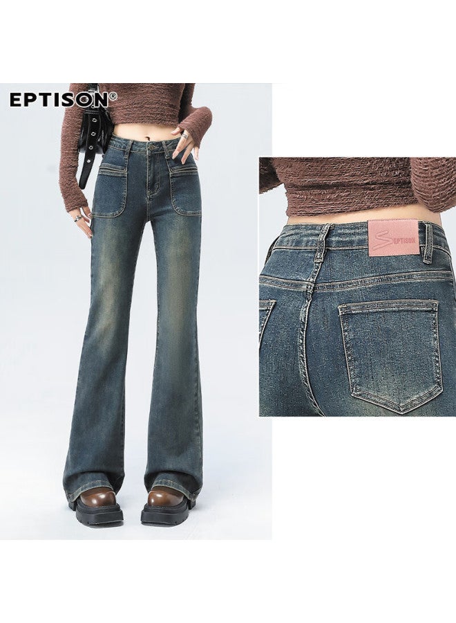 EPTISON Yipintiancheng Vintage Distressed Micro-flare Jeans For Women, 2025 Autumn Slim-fit Heightening Slimming Fashionable Floor-length Flared Pants For Wome - Image 5