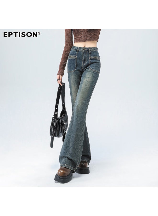 EPTISON Yipintiancheng Vintage Distressed Micro-flare Jeans For Women, 2025 Autumn Slim-fit Heightening Slimming Fashionable Floor-length Flared Pants For Wome - Image 3