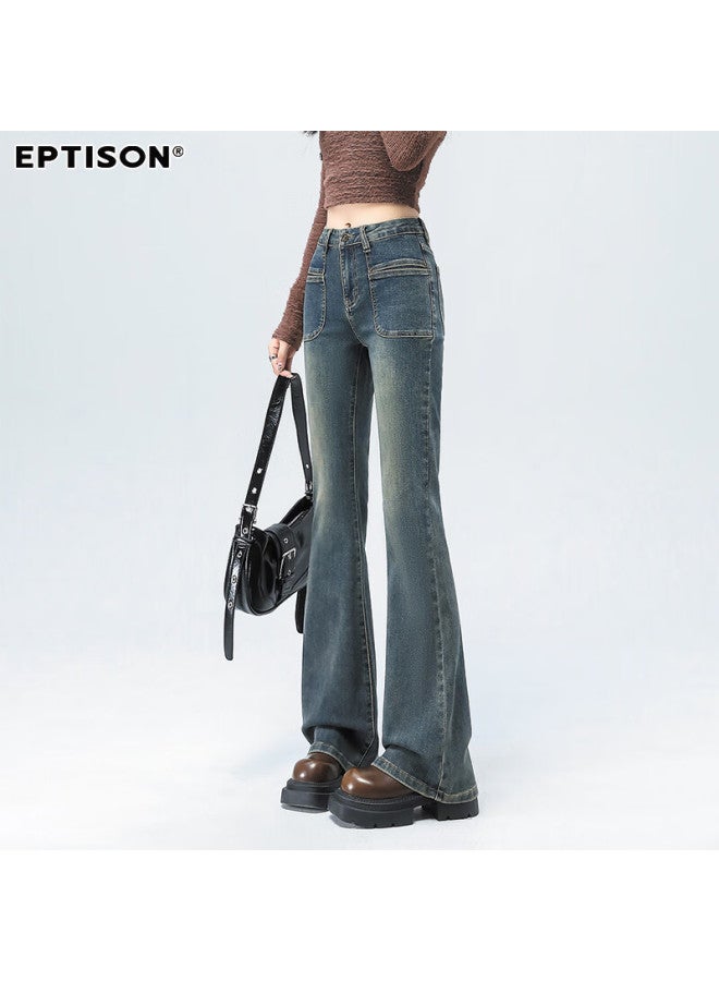 EPTISON Yipintiancheng Vintage Distressed Micro-flare Jeans For Women, 2025 Autumn Slim-fit Heightening Slimming Fashionable Floor-length Flared Pants For Wome - Image 1