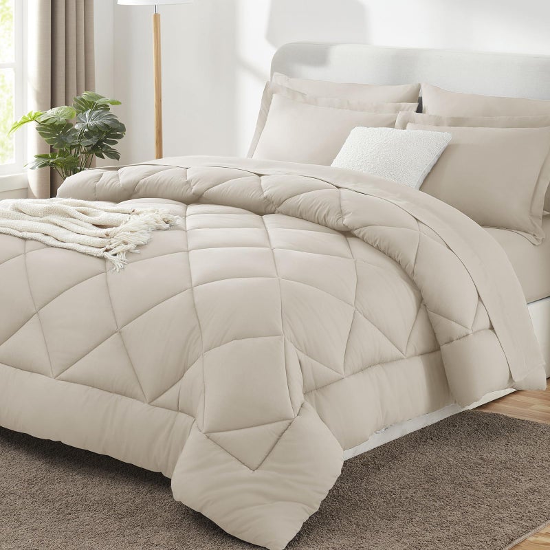 CozyLux Full Comforter Set with 7 Pieces Bed in a Bag Beige All Season Bedding Sets with Comforter Pillow Shams Flat Sheet Fitted Sheet and Pillowcases