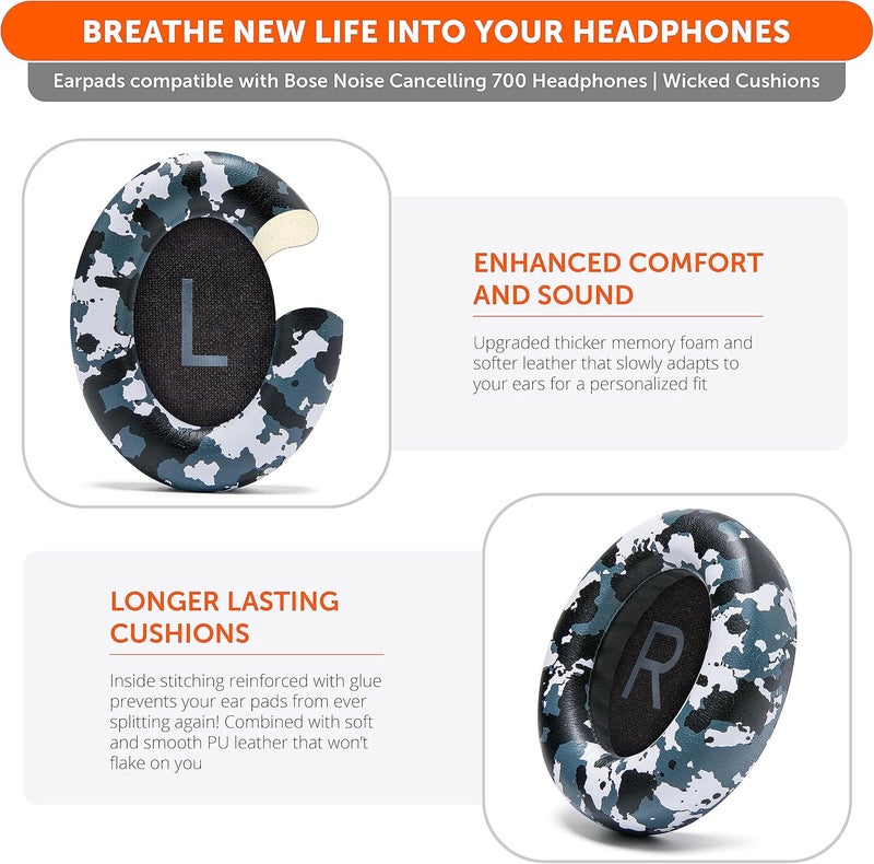 WC Wicked Cushions Upgraded Replacement Ear Pads for Bose 700 Noise Cancelling Headphones (NC700) - Softer PU Leather, Luxurious Memory Foam, Added Thickness, Extra Durable Ear Cushions |Snow Camo - Image 4