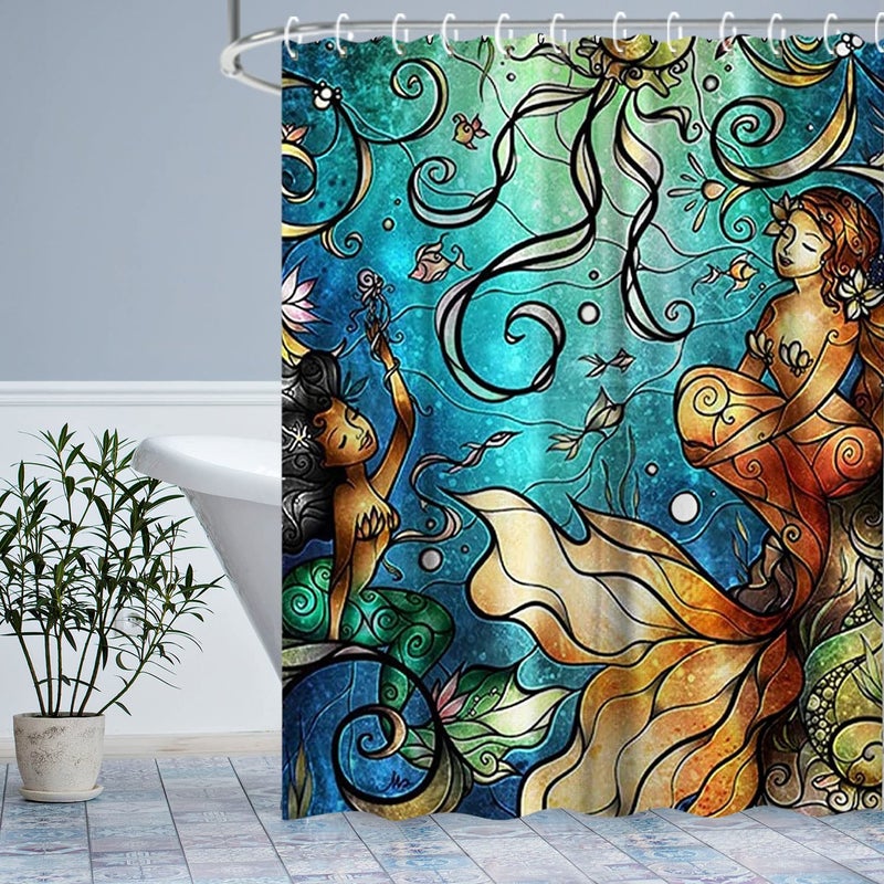 LIVILAN Mermaid Shower Curtain, Jellyfish Fabric Bathroom Curtains Set with Hooks Marine Ocean Animals Bathroom Decor Washable 72x72 Inches - Image 1