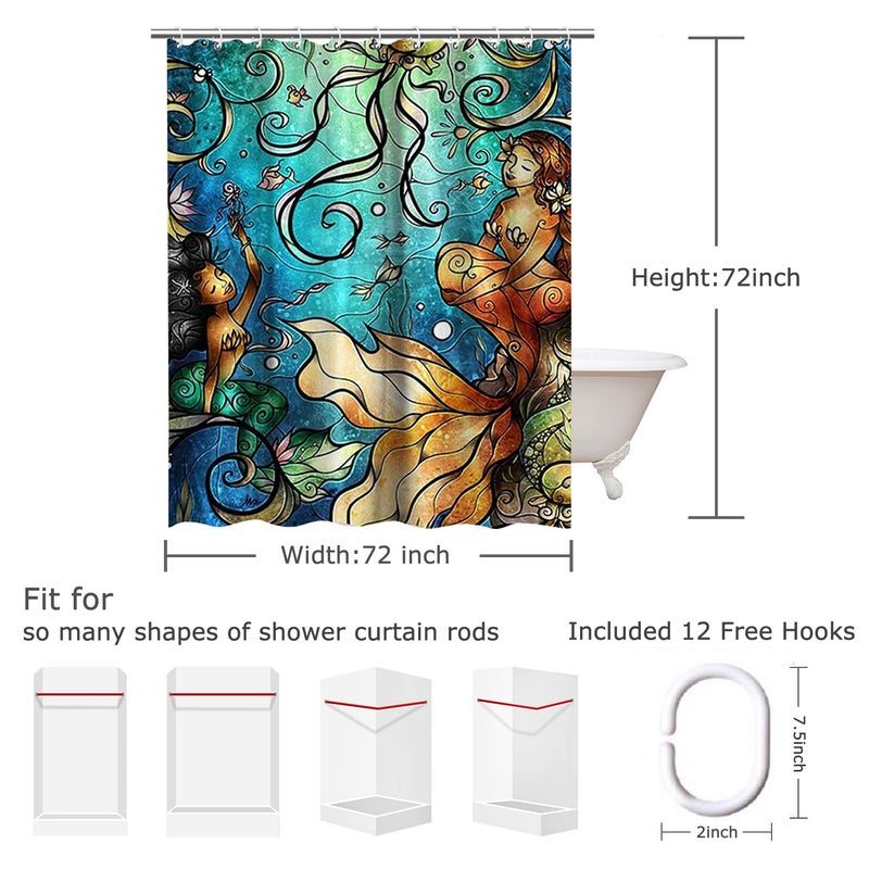 LIVILAN Mermaid Shower Curtain, Jellyfish Fabric Bathroom Curtains Set with Hooks Marine Ocean Animals Bathroom Decor Washable 72x72 Inches - Image 5