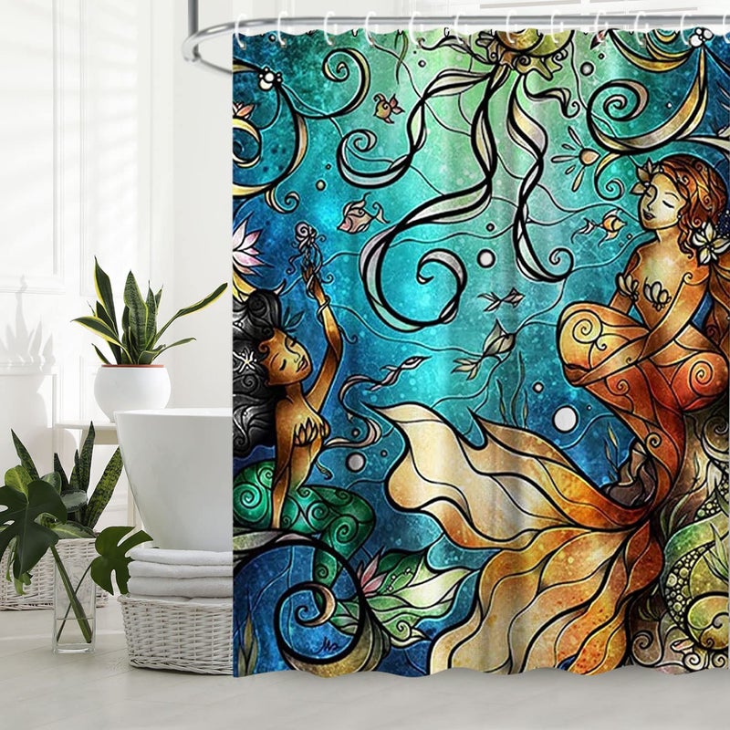 LIVILAN Mermaid Shower Curtain, Jellyfish Fabric Bathroom Curtains Set with Hooks Marine Ocean Animals Bathroom Decor Washable 72x72 Inches - Image 3