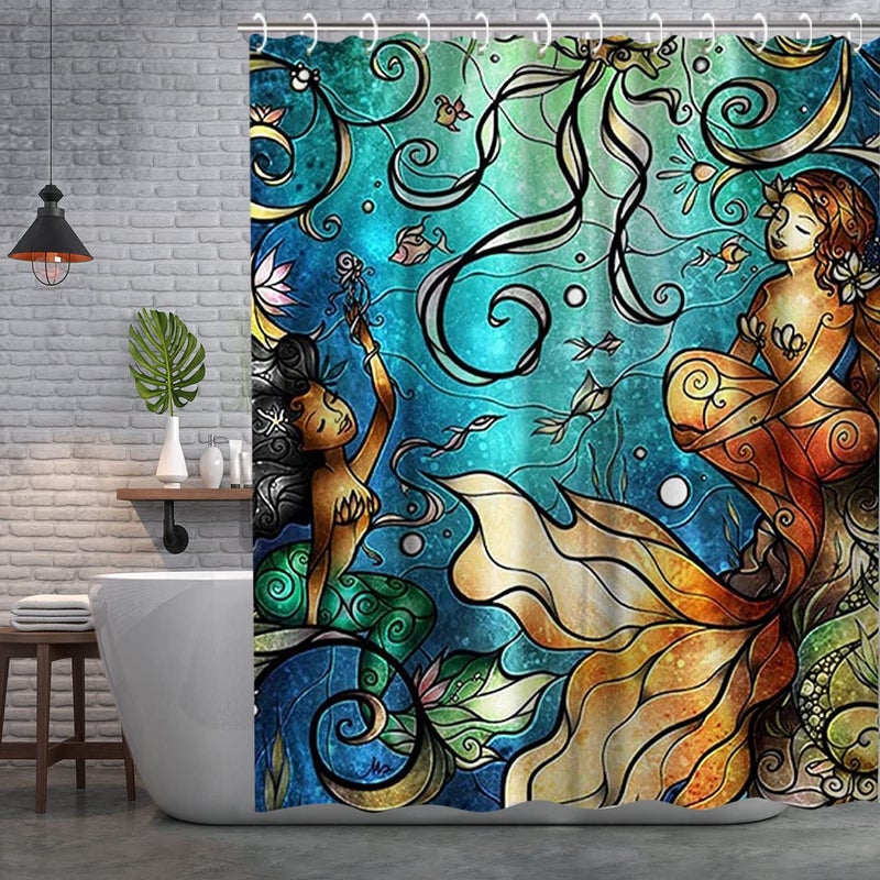 LIVILAN Mermaid Shower Curtain, Jellyfish Fabric Bathroom Curtains Set with Hooks Marine Ocean Animals Bathroom Decor Washable 72x72 Inches - Image 2