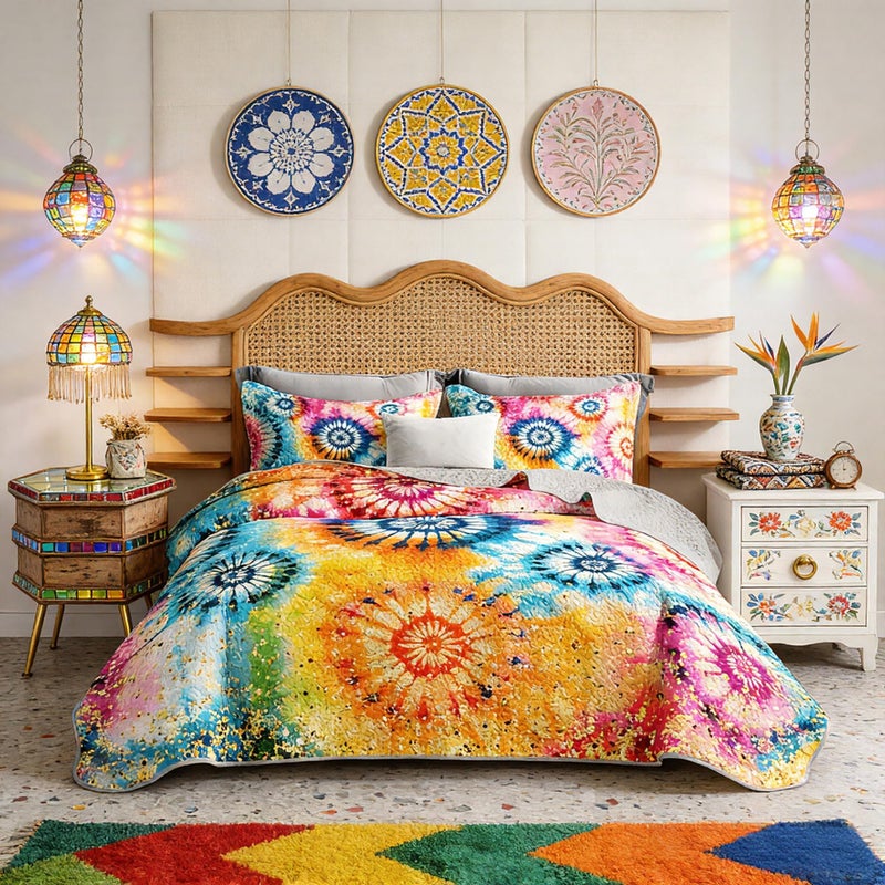 UEVBF Colorful Tie Dye Quilt Sets Queen Size,Bohemian Art Style Watercolor Bedding for Adults Kids Girls Boys Teens Bedroom,Soft Lightweight Microfiber Quilt with 2 Pillowcases. - Image 1