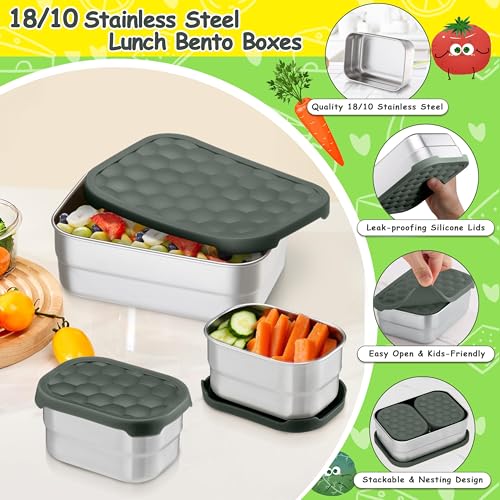 Homikit 3 Pack Kids Lunch Box Set, 18/10 Stainless Steel Bento Boxes with Silicone Lids Leak Proof, 5 Cups Reusable Metal Food Snack Containers for School Daycare, Nontoxic & Dishwasher Safe, Gray - Image 2