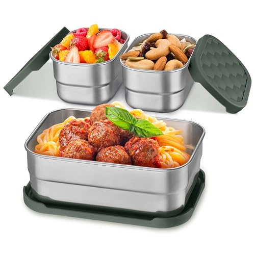 Homikit 3 Pack Kids Lunch Box Set, 18/10 Stainless Steel Bento Boxes with Silicone Lids Leak Proof, 5 Cups Reusable Metal Food Snack Containers for School Daycare, Nontoxic & Dishwasher Safe, Gray - Image 1