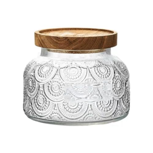 ANSQU Vintage Glass Storage Jar, 25.4 FL OZ Food Storage Jar with Solid Wooden Lid, Tea Bag Organiser for Home Kitchen Decor, Holds Oats, Jam, Coffee, Candy, Biscuits and Sugar (Round Flower) - Image 1