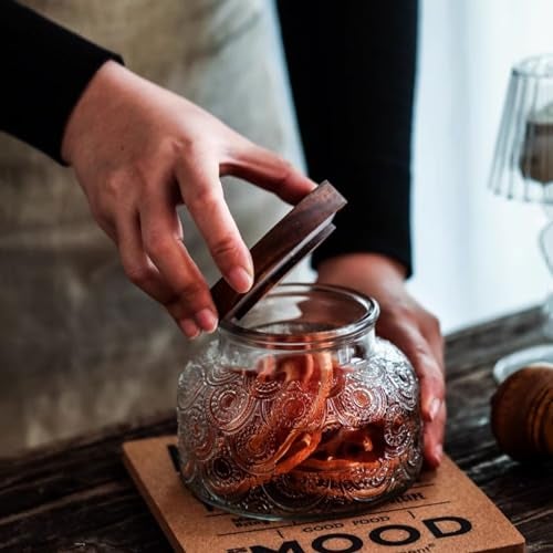 ANSQU Vintage Glass Storage Jar, 25.4 FL OZ Food Storage Jar with Solid Wooden Lid, Tea Bag Organiser for Home Kitchen Decor, Holds Oats, Jam, Coffee, Candy, Biscuits and Sugar (Round Flower) - Image 4