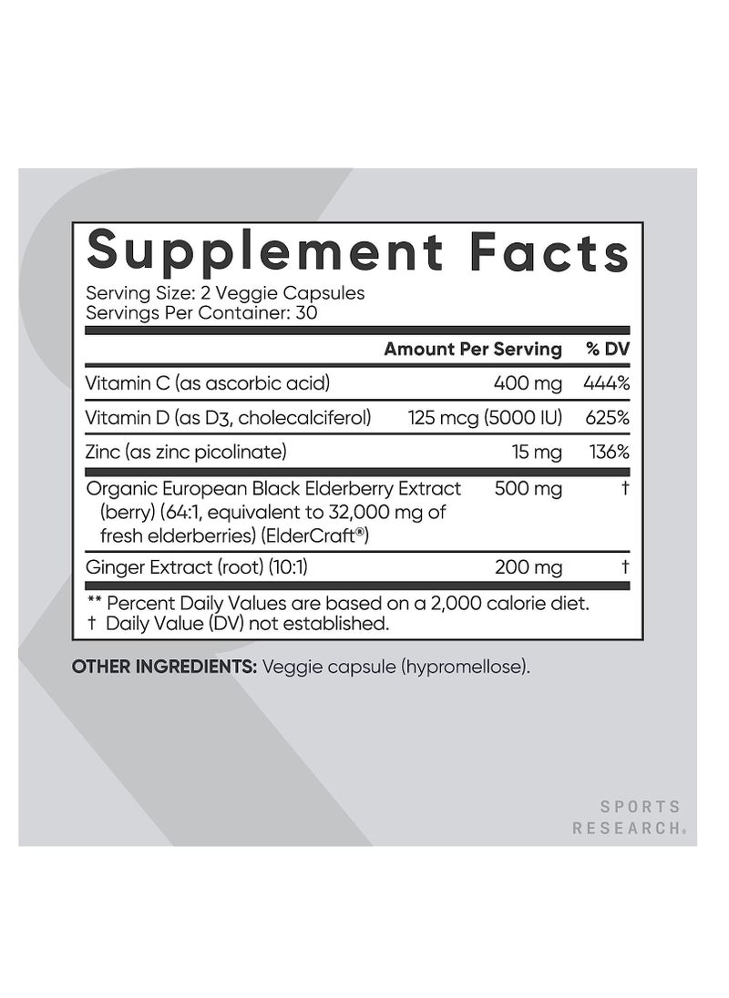 SPORTS RESEARCH - Elderberry Immune Support with Zinc Vitamin C, D3 60 Veggie Capsules - Image 1