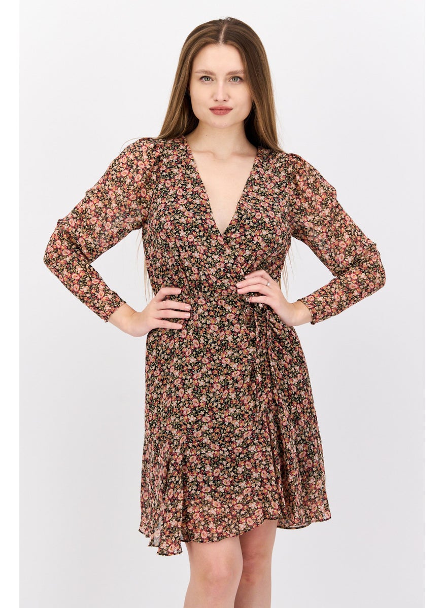 Black Tape - Women Floral Print Mini Dress, Black - Image 1