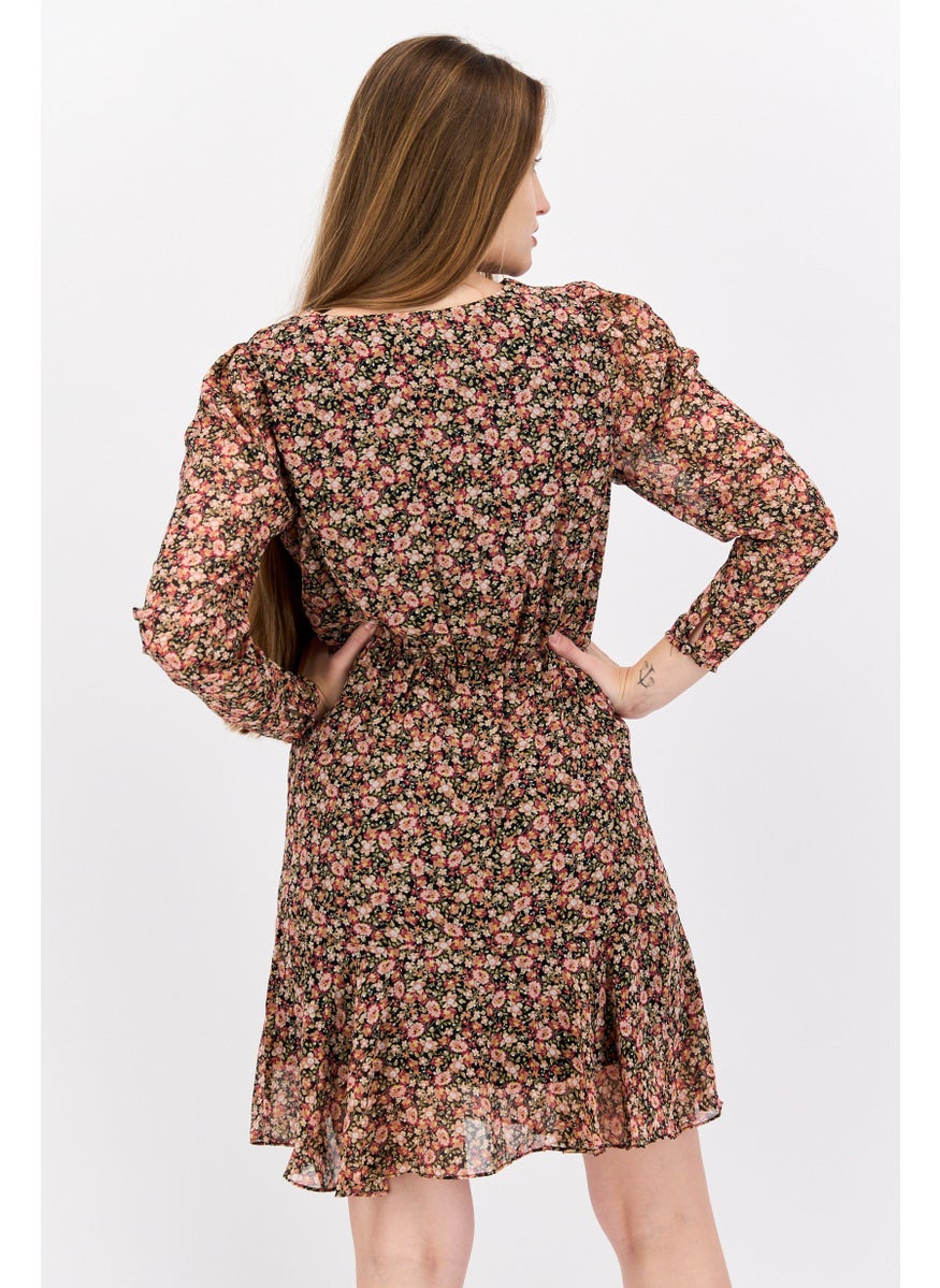 Black Tape - Women Floral Print Mini Dress, Black - Image 1