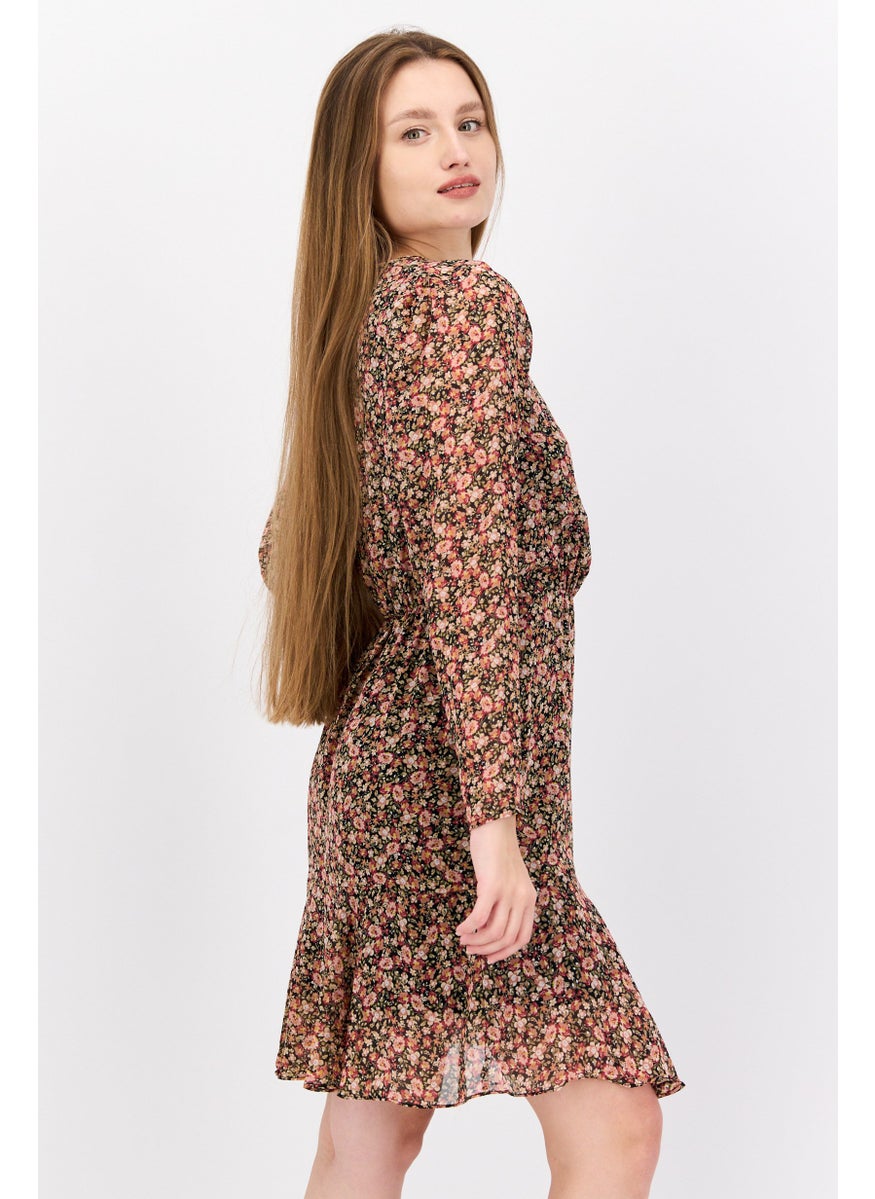 Black Tape - Women Floral Print Mini Dress, Black - Image 1