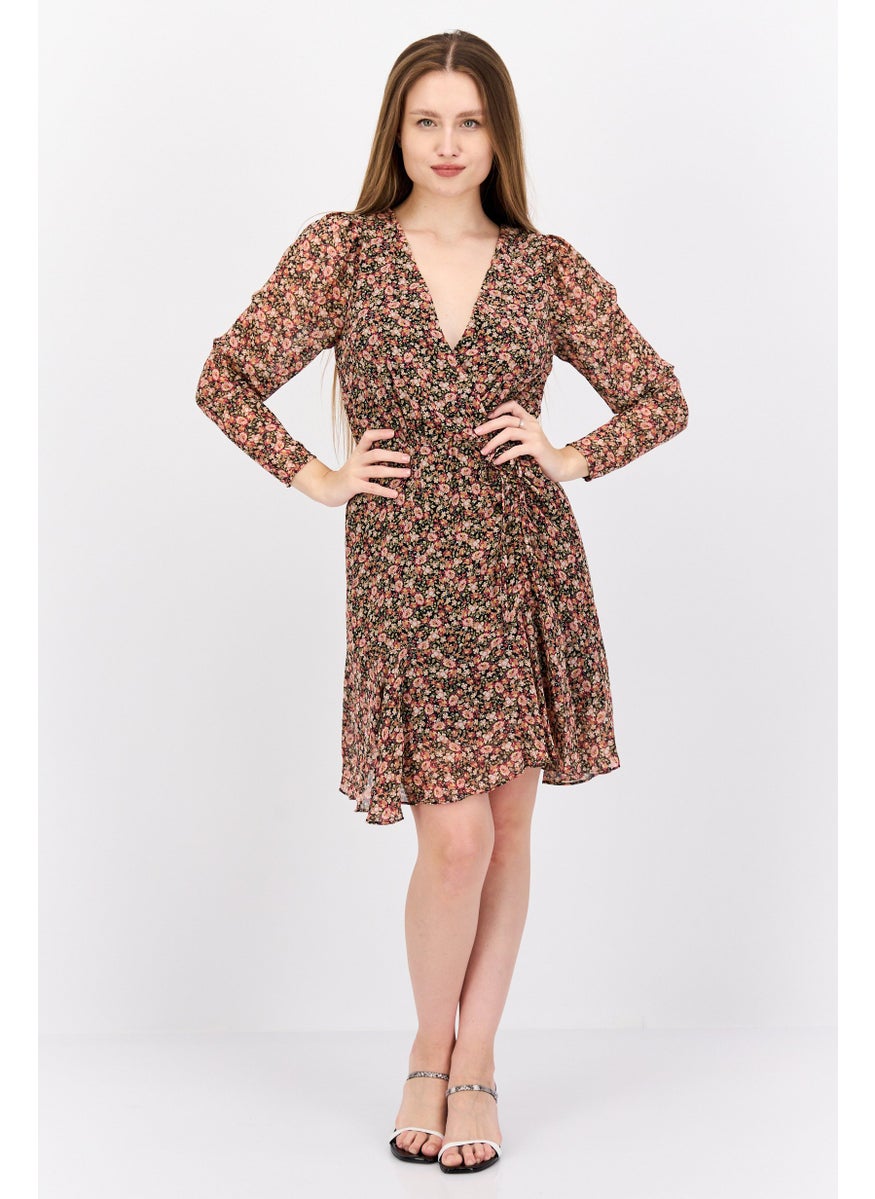 Black Tape - Women Floral Print Mini Dress, Black - Image 1