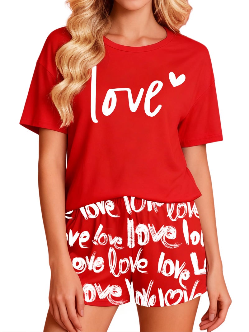 PECHAR Valentine Pajamas Women: Valentines Pjs 2 Piece Short Sleeve Heart Shirts and Pants Sleepwear Set Loungewear Red - Image 1