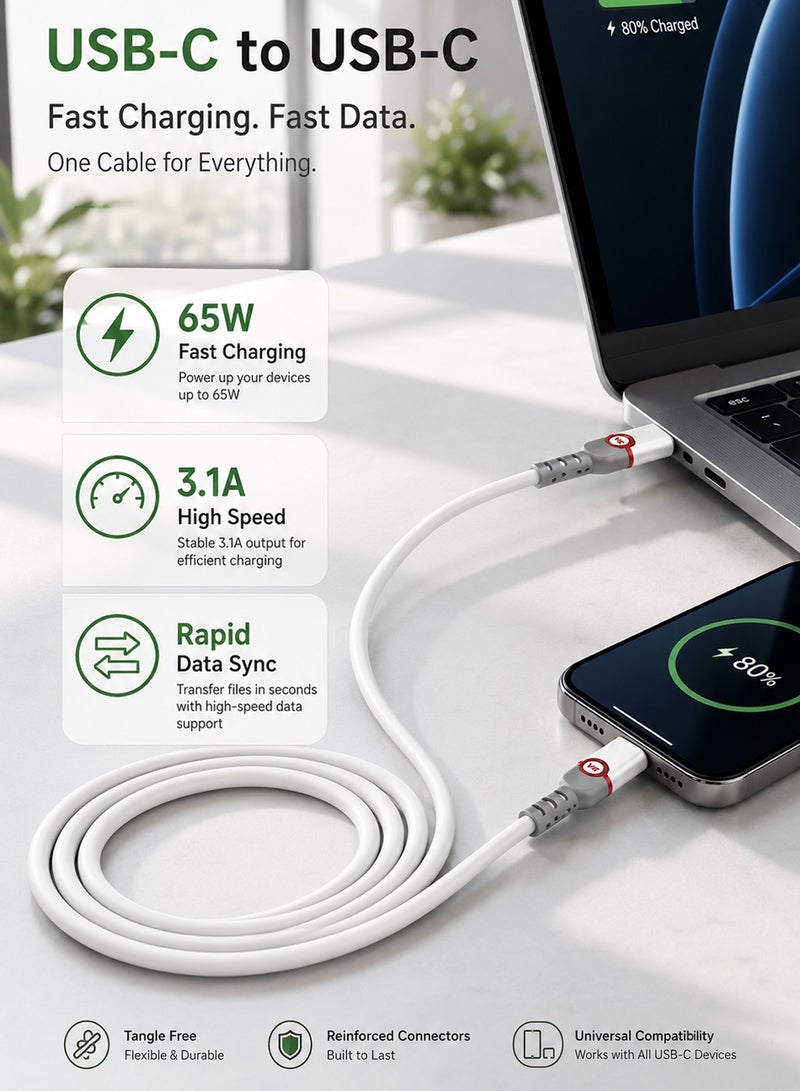 Vierex 27W USB-C to USB-C Fast Charging Data Cable, High-Speed Braided PD Power Sync Cord with Reinforced Strain Relief Connectors - Image 3