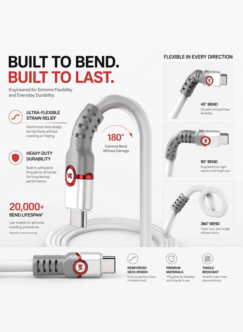 Vierex 27W USB-C to USB-C Fast Charging Data Cable, High-Speed Braided PD Power Sync Cord with Reinforced Strain Relief Connectors - Image 4