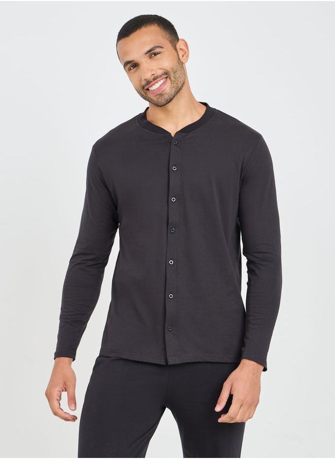 Styli - Solid Mandarin Collar Knit Shirt and Straight Pyjama Set - Image 1