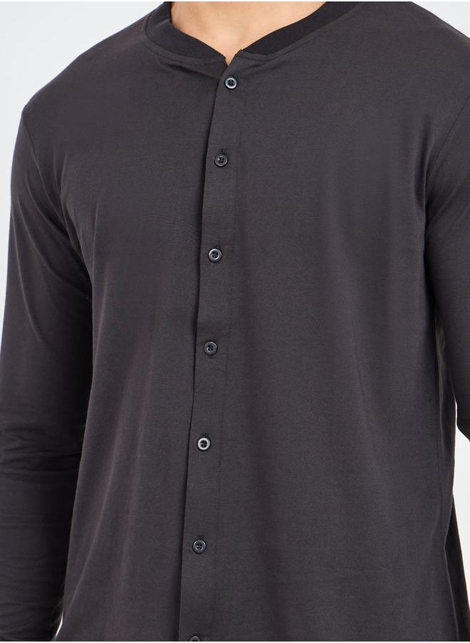 Styli - Solid Mandarin Collar Knit Shirt and Straight Pyjama Set - Image 1