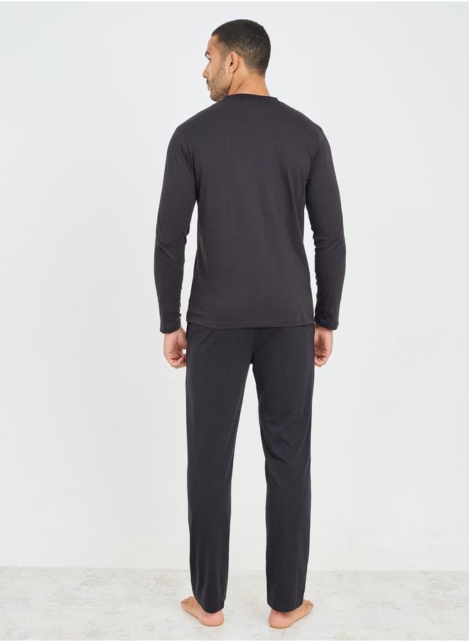 Styli - Solid Mandarin Collar Knit Shirt and Straight Pyjama Set - Image 1