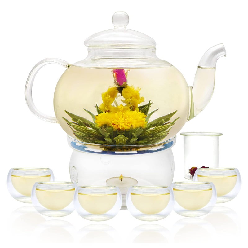 GURUDAR طقم إبريق شاي زجاجي GURUDAR، 27 أونصة/800 مل إبريق شاي زجاجي آمن للاستخدام على الموقد مع 6 أكواب شاي صغيرة مزدوجة الجدار ومرشح شاي فضفاض وسخان شاي، آمن للاستخدام في الميكروويف وغسالة الصحون، طقم هدايا شاي مزهر - Image 1