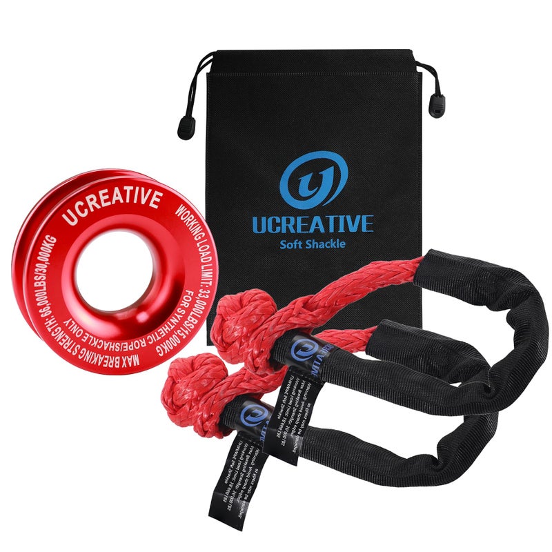 Ucreative Red Recovery Ring and 2PCS Red Soft Shackle 12 Inch x 22 Inch kit for Synthetic Winch Rope for ATV UTV SUV Truck OffRoad Vehicle Recovery