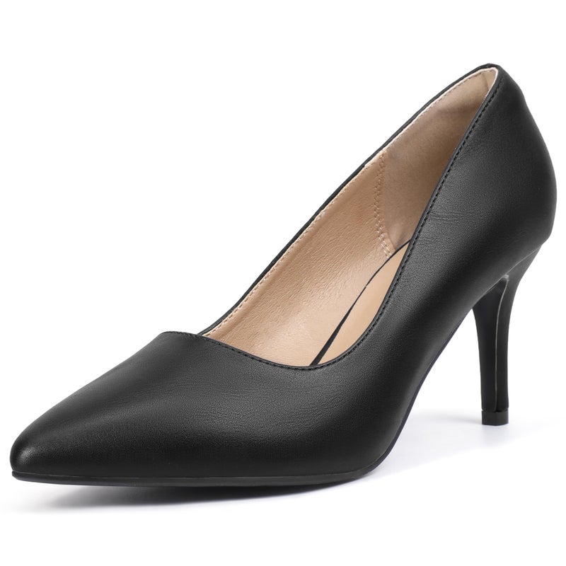 IDIFU Black High Heels Pumps Closed Toe Heels Women's Pumps Stiletto Pointed Toe Dress Shoes Wedding Prom Bridal Work Office Bride Trendy Dressy Comfortable Classic Pumps Shoes(Black Pu,7) - Image 1