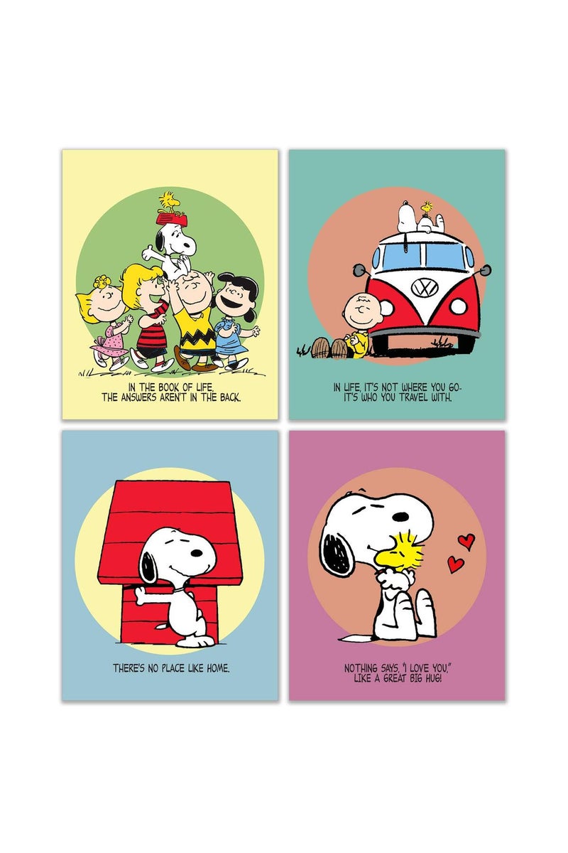 BigWig Prints Snoopy Poster - Set of 4 (8 inches x 10 inches) Charlie Brown Peanuts Wall Art Decor Woodstock Lucy Sally Linus - Image 1