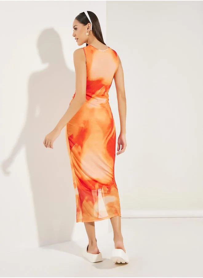Styli Tie & Dye Print Gathered Bodycon Midi Dress