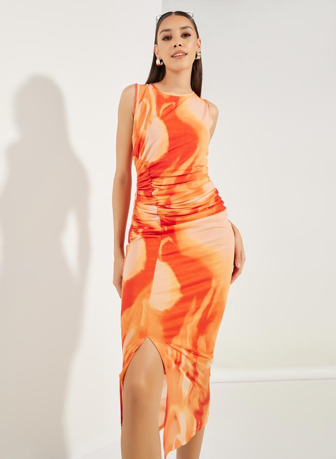 Styli Tie & Dye Print Gathered Bodycon Midi Dress  - Image 3