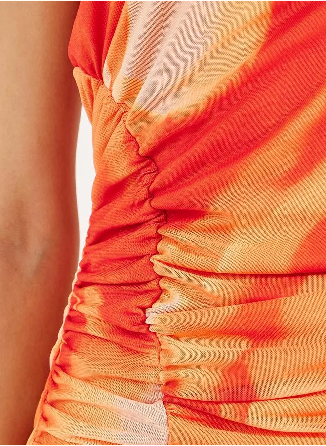 Styli Tie & Dye Print Gathered Bodycon Midi Dress