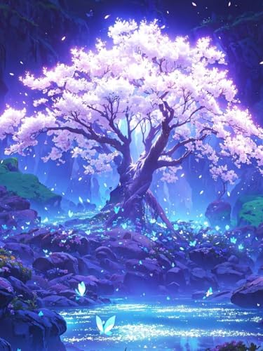 Mosaflare 5D Diamond Painting Kits for Adults, Cherry Blossom Tree Diamond Art for Beginners, DIY Moon Full Round Drill Paint by Diamonds Dot Gem Art for Adults, Home Wall Decor 12x16 Inch - Image 1