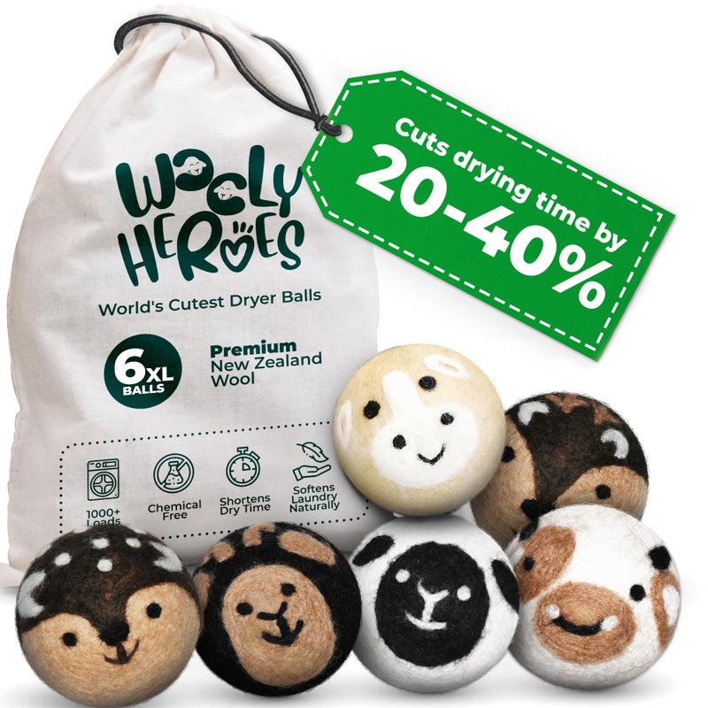 WOOLY HEROES No More Dryer Sheets! XL Wool Dryer Balls 6-Pack, Reusable Laundry Softener & Static Reducer, Eco-Friendly, Long-Lasting, Safe for Sensitive Skin - Image 1