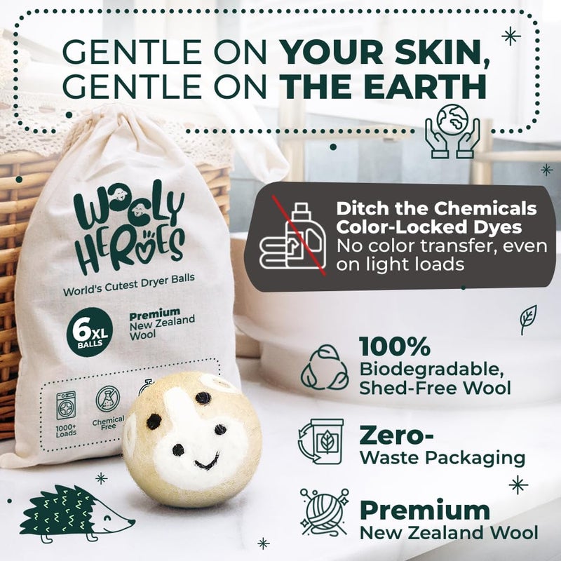 WOOLY HEROES No More Dryer Sheets! XL Wool Dryer Balls 6-Pack, Reusable Laundry Softener & Static Reducer, Eco-Friendly, Long-Lasting, Safe for Sensitive Skin - Image 3