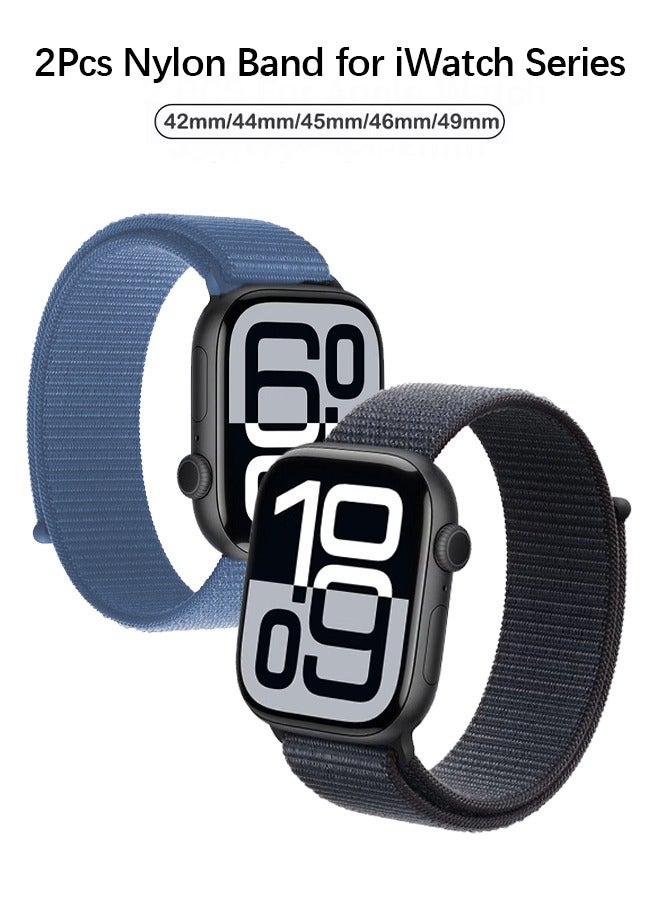 OLYSON 2Pcs Nylon Replacement Wrist Band for iWatch Series 10 46mm, Compatible with iWatch Band 42mm/44mm/45mm/46mm/49mm,  Compatible for iWatch Ultra Series 10 9 8 SE 7 6 5 4 3 2 1 ( Ink&Light Blue） - Image 1