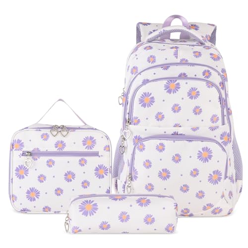 goldwheat Daisy Printed Backpacks With Lunch Pack Pencil Case 3pcs Lightweight Water Resistant Bookbag For Middle School - Image 1