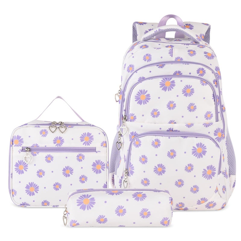 goldwheat Daisy Printed Backpacks With Lunch Pack Pencil Case 3pcs Lightweight Water Resistant Bookbag For Middle School - Image 2