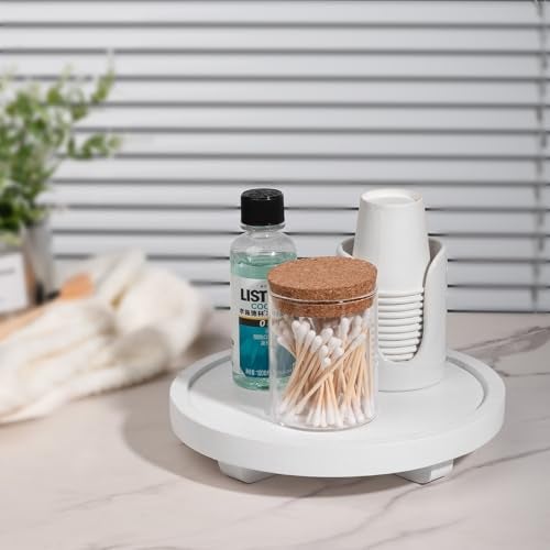 zoocatia Round Decorative Tray Wood Bathroom Counter Organizer Farmhouse Kitchen Decor Wooden Riser for Soap Dish, Perfume, Candle, Sponge, 8" - White - Image 2