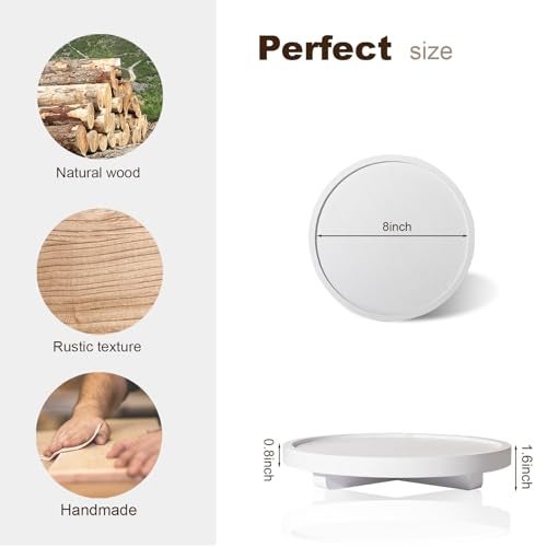 zoocatia Round Decorative Tray Wood Bathroom Counter Organizer Farmhouse Kitchen Decor Wooden Riser for Soap Dish, Perfume, Candle, Sponge, 8" - White - Image 5