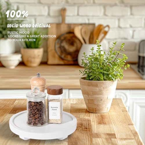 zoocatia Round Decorative Tray Wood Bathroom Counter Organizer Farmhouse Kitchen Decor Wooden Riser for Soap Dish, Perfume, Candle, Sponge, 8" - White - Image 3