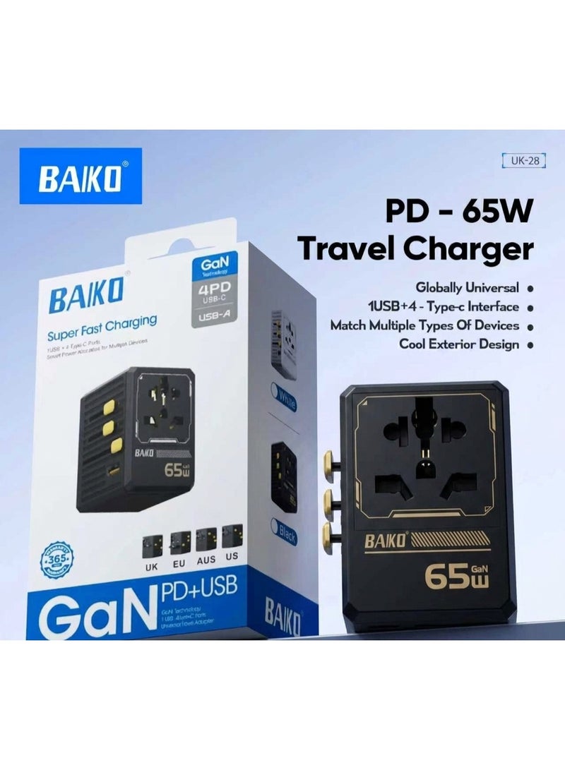 BAIKO 65W GaN Universal Travel Charger Adapter with PD Fast Charging, 1 USB + 4 Type-C Ports, Worldwide Multi Plug, Compact Travel Power Adapter for Mobile, Tablet & Laptop – UK Plug - Image 1