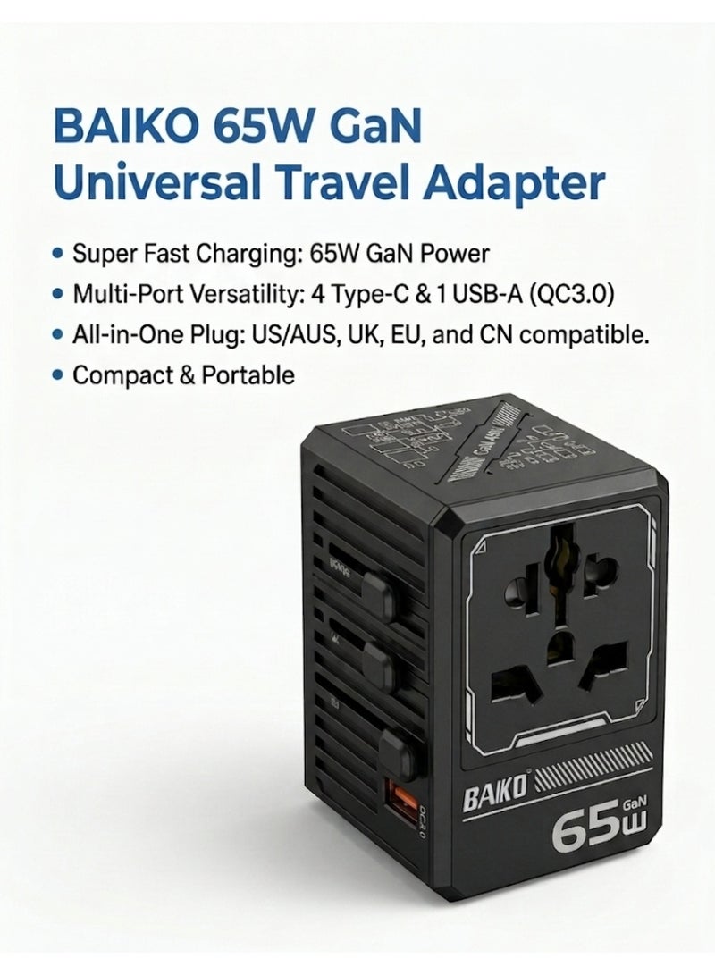 BAIKO 65W GaN Universal Travel Charger Adapter with PD Fast Charging, 1 USB + 4 Type-C Ports, Worldwide Multi Plug, Compact Travel Power Adapter for Mobile, Tablet & Laptop – UK Plug - Image 2