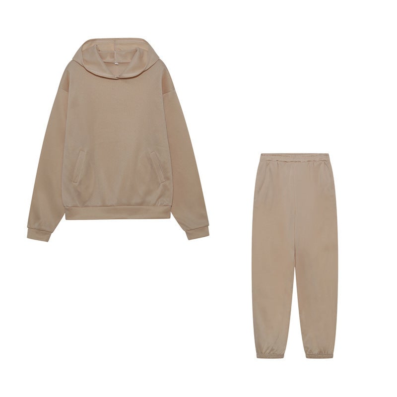 African European and American autumn and winter cross-border fashion casual womens clothing thickened long-sleeved hooded sweater trousers two-piece suit for women Khaki