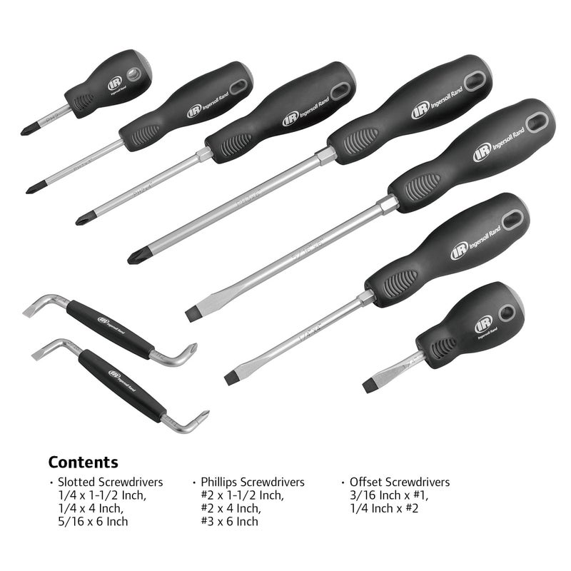 Ingersoll Rand Hand Tools Ingersoll Rand 9-Piece Screwdriver Set, Slotted (1/4"x1.5", 1/4"x4", 5/16"x6"), Phillips (#2x1.5", #2x4", #3x6"), Offset (3/16"x#1, 1/4"x#2) â€“ SVCM Steel, Magnetized Tips, Hex Bolsters â€“ 752059X - Image 2