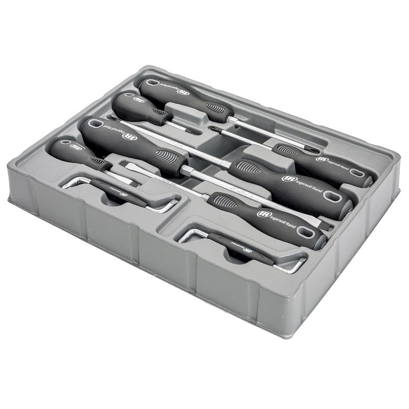 Ingersoll Rand Hand Tools Ingersoll Rand 9-Piece Screwdriver Set, Slotted (1/4"x1.5", 1/4"x4", 5/16"x6"), Phillips (#2x1.5", #2x4", #3x6"), Offset (3/16"x#1, 1/4"x#2) â€“ SVCM Steel, Magnetized Tips, Hex Bolsters â€“ 752059X - Image 1
